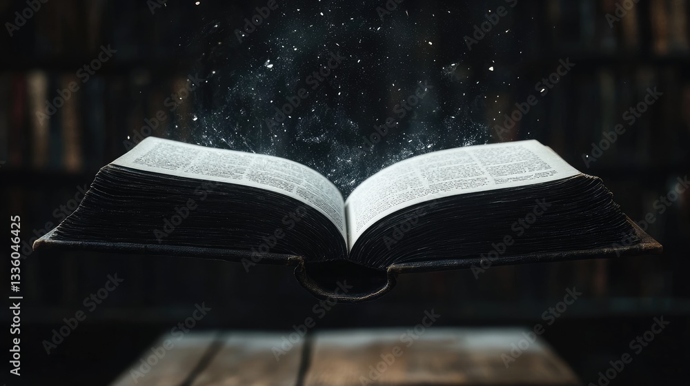 Poster open book floating in air with magical sparkles and blurred library background creates enchanting at