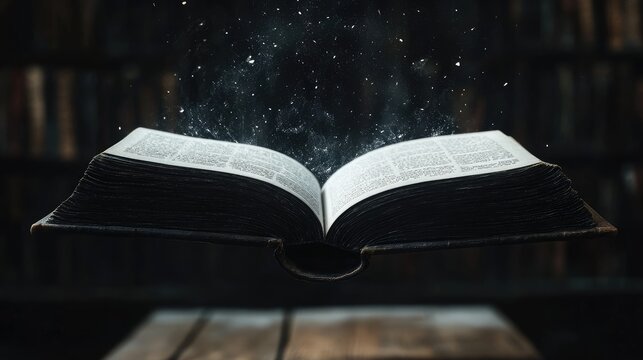 Open book floating in air with magical sparkles and blurred library background creates enchanting atmosphere of knowledge and mystery