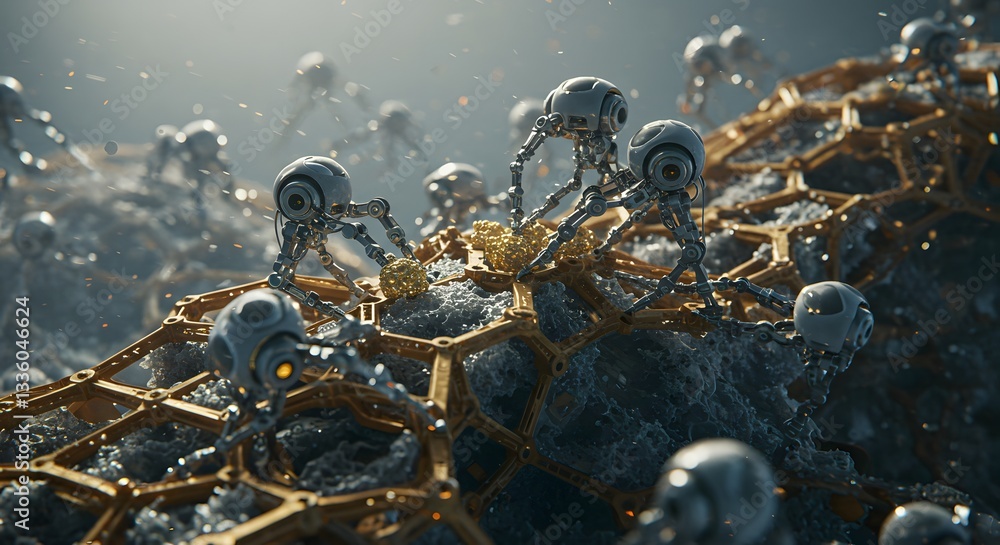 Poster cybernetic swarm on alien terrain: a mesmerizing view of an advanced swarm of cybernetic beings craw