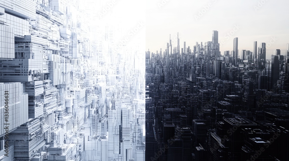 Poster futuristic cityscape split view by day and night with modern architecture and abstract design elemen