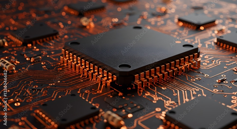 Aufkleber circuitry's core: a complex arrangement of microchips and circuits glows with advanced technology