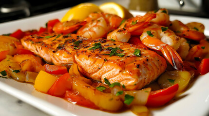 Seared salmon fillet resting on a bed of sauteed shrimp and bell peppers, creating a vibrant and flavorful dish.