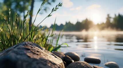 Sunrise Over Calm Lake with Grass and Rocks