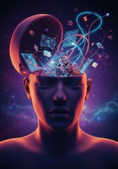 Futuristic surreal artwork of an open human head with neon wires, cybernetic creature, and holograms.