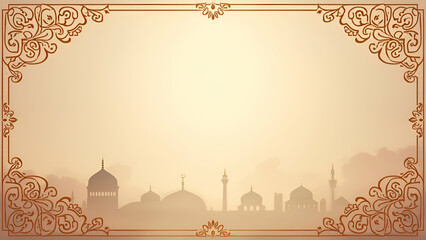 Vintage parchment background, intricate Islamic geometric border design, golden ornate flourishes, Middle Eastern city skyline silhouette, mosque domes and minarets, sepia tones, antique document
