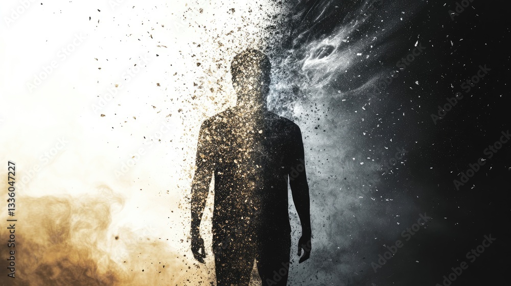 Poster Mysterious Figure Emanating Sparkling Particles Against Dark and Light Background in Surreal Artistic Representation