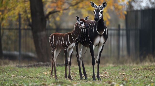 Zoo animals, mother and baby antelope, autumn foliage, enclosure. Stock photo