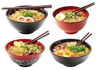 Set of ramen bowls with noodles, boiled egg, pork slices, and green onions, isolated on transparent cutout background