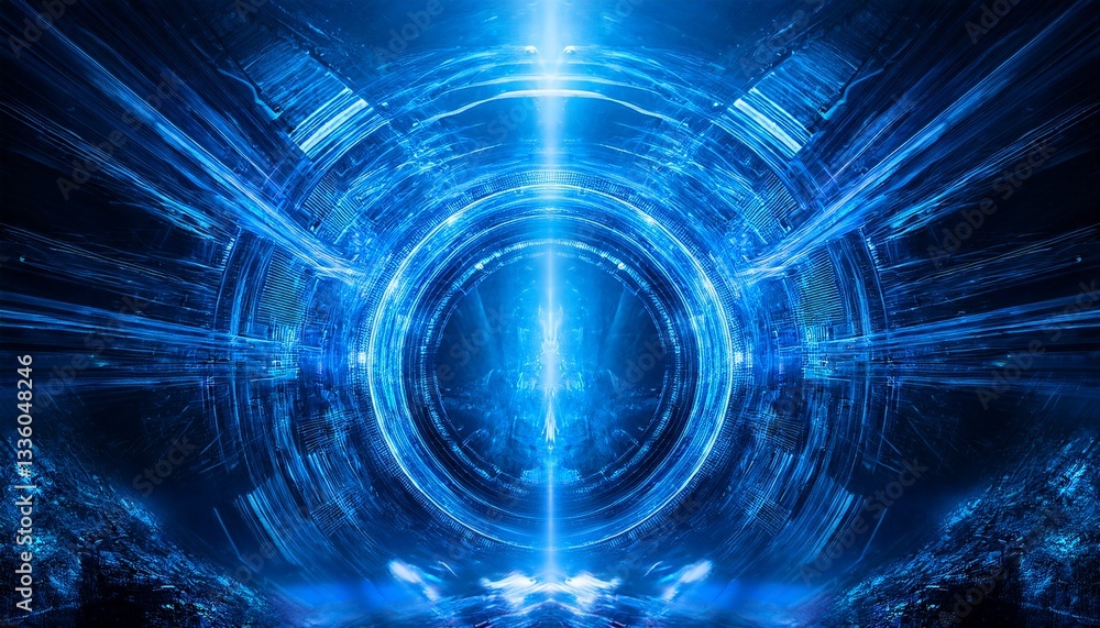 Poster glowing blue abstract background with a futuristic tunnel design and circular elements