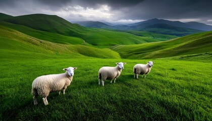 Fototapeta premium Pastoral Scene with Three Sheep Grazing in a Green Field Surrounded by Rolling Hills on a Cloudy Day