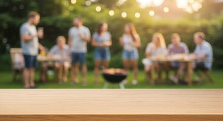 Empty wooden table and blurred view of a group of people having BBQ barbecue outdoors. Wallpaper, Wood desk in front of a natural garden background. Summer lifestyle Concept, Background,outdoors, bar-