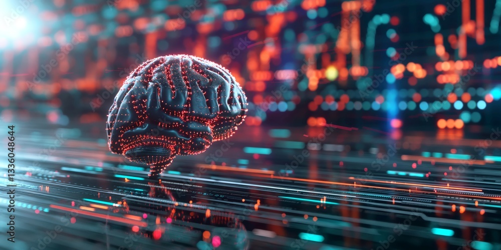 Poster a vibrant digital brain glows amidst a sea of data streams, symbolizing technology and artificial in