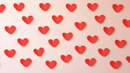 Wall decoration with red heart stickers, evenly scattered on a pastel pink wall in the same pattern.