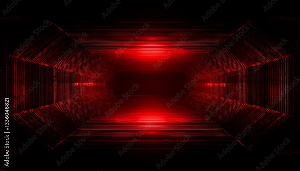 Poster an abstract red tunnel with a mysterious and futuristic feel. the image is dark, with streaks of red