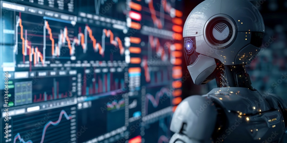 Aufkleber futuristic humanoid robot analyzing stock market data in a high-tech environment.