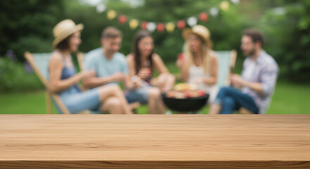 Empty wooden table and blurred view of a group of people having BBQ barbecue outdoors. Wallpaper, Wood desk in front of a natural garden background. Summer lifestyle Concept, Background,outdoors, bar-