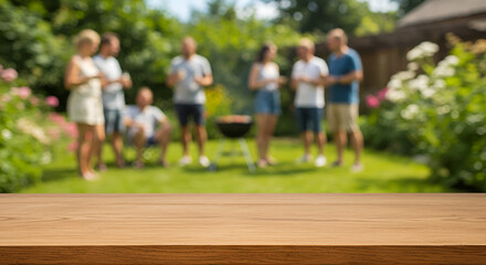Empty wooden table and blurred view of a group of people having BBQ barbecue outdoors. Wallpaper, Wood desk in front of a natural garden background. Summer lifestyle Concept, Background,outdoors, bar-