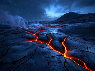 Fototapeta premium Volcanic Landscape with Lava Flow Amidst Dark and Smoky Terrain under a Cloudy Night Sky