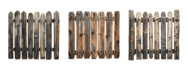 Set of decorative wooden fence panel, rustic aged wood prefect for out door gate or boundary decoration, cut out, png 