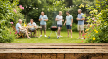 Empty wooden table and blurred view of a group of people having BBQ barbecue outdoors. Wallpaper, Wood desk in front of a natural garden background. Summer lifestyle Concept, Background,outdoors, bar-