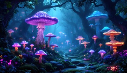 Fototapeta premium Glowing Mushroom Forest Fantasy Art Digital Painting