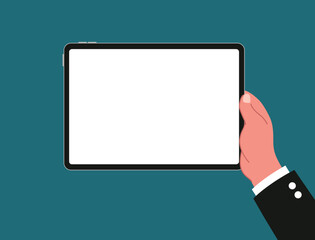 Top view of hands using point and slide a blank tablet for social media, working, content creator, business or meeting flat vector illustration on white screen. Working on blank space tablet.