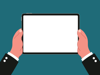 Top view of hands using point and slide a blank tablet for social media, working, content creator, business or meeting flat vector illustration on white screen. Working on blank space tablet.