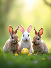 Obraz premium Adorable bunnies, Easter scene, fluffy rabbits, pastel colors, soft focus, springtime, green grass, yellow Easter egg, bokeh background, cute animal portrait, natural lighting, close-up shot, furry.