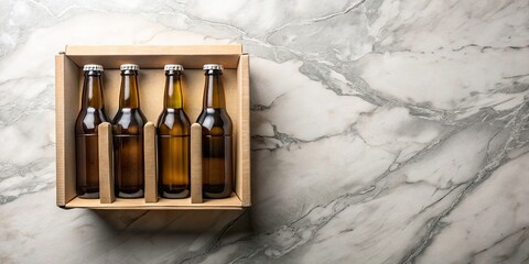Aerial Flat Lay Beer Six Pack Box Photography, Marble Background, High Depth of Field, Product Shot, Copy Space