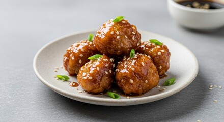 Delicious Sesame Crusted Chicken Meatballs in Sweet Glaze Close Up Food Photography
