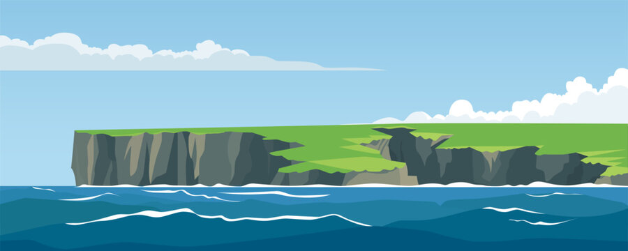 Beautiful scandinavian coastal cliffs. Steep coastline of rocks near water. Green cliffs and mountains near northern waters. Vector illustration of nature.