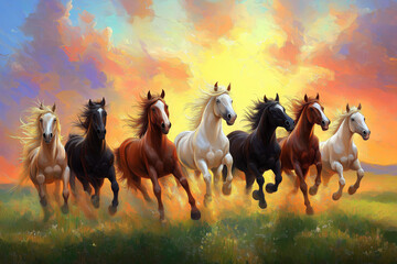 horses running freely across a grassy field, painted in an oil-painting style. The scene is full of energy and life, with the horses galloping in unison, showcasing their strength, grace, and freedom.