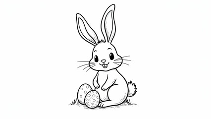 Cute cartoon rabbit, smiling bunny, fluffy ears, big eyes, sitting pose, black and white line drawing, simple sketch, children's book illustration style, adorable character design, rounded shapes