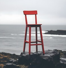 Red Chair Perched Atop Coastal Rocks Ocean View