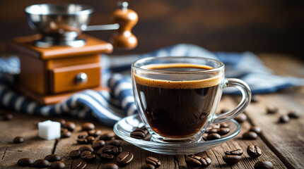Fototapeta premium A close-up, angled shot of a clear glass cup filled with dark, brewed coffee, resting on a clear glass saucer with scattered coffee beans and sugar cubes