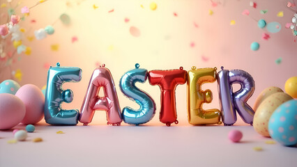 Easter balloon letters, pastel colors, confetti, eggs, festive atmosphere, soft lighting, textured background, celebratory scene, spring decor, holiday vibes, playful typography, colorful composition,