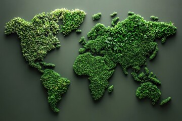 A world map made of green plants on a dark green background showing the continents of the world
