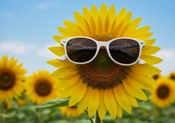 A photograph of a sunflower with white sunglasses perched on its petals.

