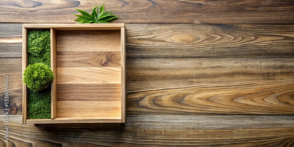 Poster Aerial View of Eco-Friendly Drawer Box on Wooden Surface with Copy Space for Design Elements and Branding