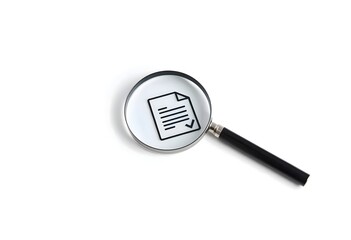 A magnifying glass focuses on a document icon with text and a checkmark, symbolizing document review or analysis. The background is plain white