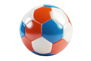 A vibrant soccer ball features a mix of blue, red, and white panels. Ideal for playing games, practice, or decorative purposes. Suitable for both indoor and outdoor activities
