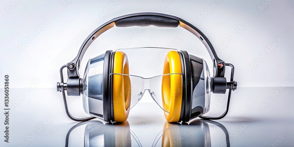 Poster aerial view of hearing protection with reflection effect on white background for copy space design e