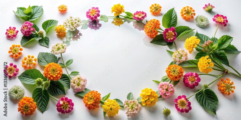 Poster aerial view of lantana on white background with glass reflection effects for creative copy space des