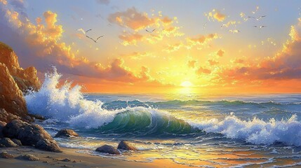 A serene beach scene at sunset, with waves crashing and a colorful sky.