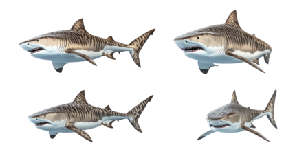 Four different views of a tiger shark are displayed, highlighting its sleek body, distinctive stripes, and sharp teeth. Each perspective captures the shark's movement through the ocean environment