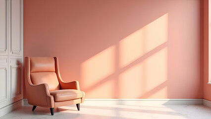 Minimalist interior design, Scandinavian style armchair, Salmon pink walls, Sunlight and shadows, Empty room, Wooden floor, White door, Cozy atmosphere, Soft textures, Clean lines, Pastel colors, Arch
