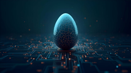 Glowing blue egg, circuit board base, digital landscape, futuristic technology, AI birth concept, neon lights, dark background, cyber embryo, high-tech incubation, data streams, neural network, sci-fi