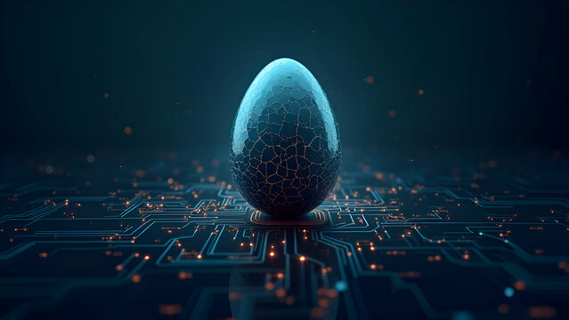 Glowing blue egg, circuit board base, digital landscape, futuristic technology, AI birth concept, neon lights, dark background, cyber embryo, high-tech incubation, data streams, neural network, sci-fi