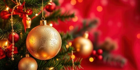 Obraz premium Shimmering gold ornaments & twinkling lights on a festive red & green Christmas background, season, decorations