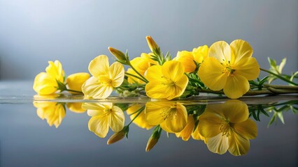 Fototapeta premium Aerial Shot of Oenothera Sundrops with Reflection Effects and Leading Lines on a Solid Color Backdrop for Urban Exploration Photography